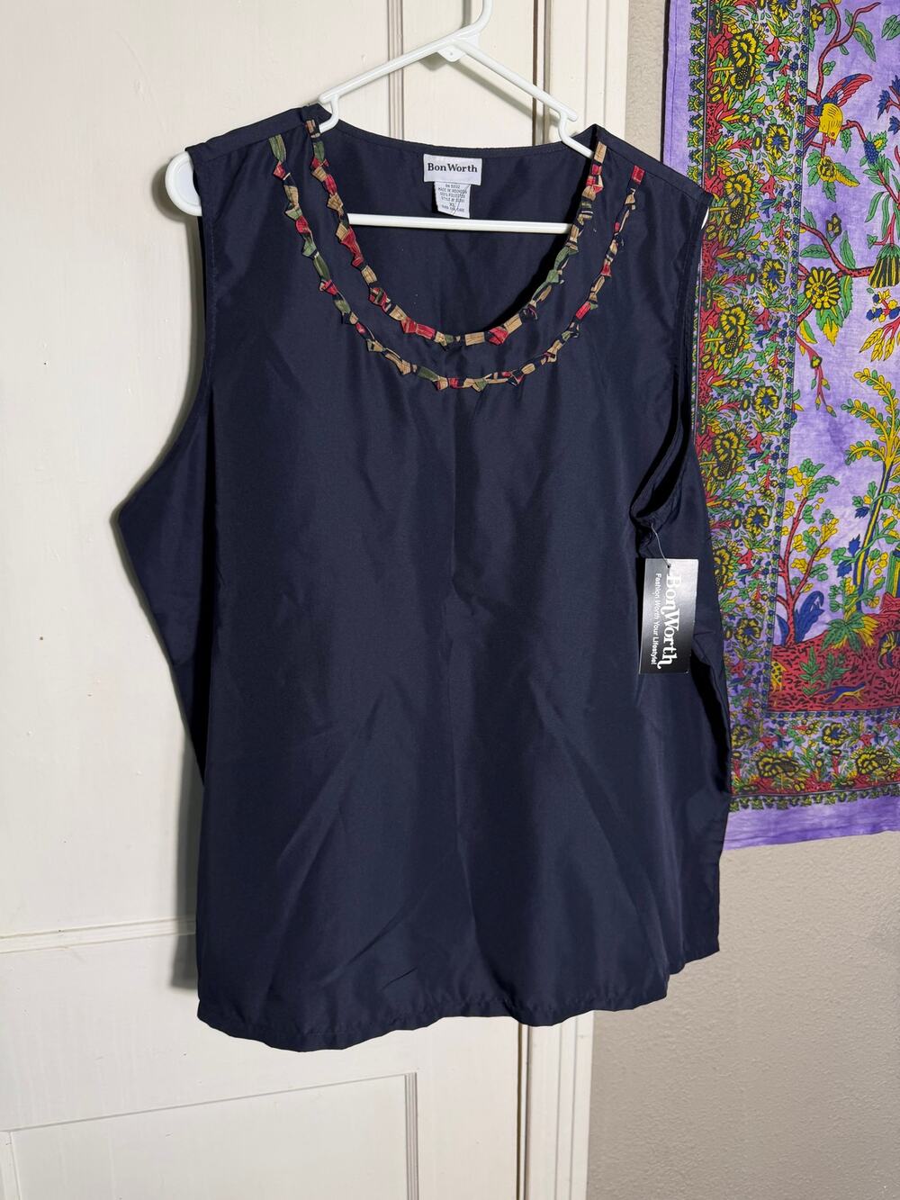 BonWorth Womens XL Navy Blue Sleeveless Blouse Ribbon Trim NWT Pullover Top